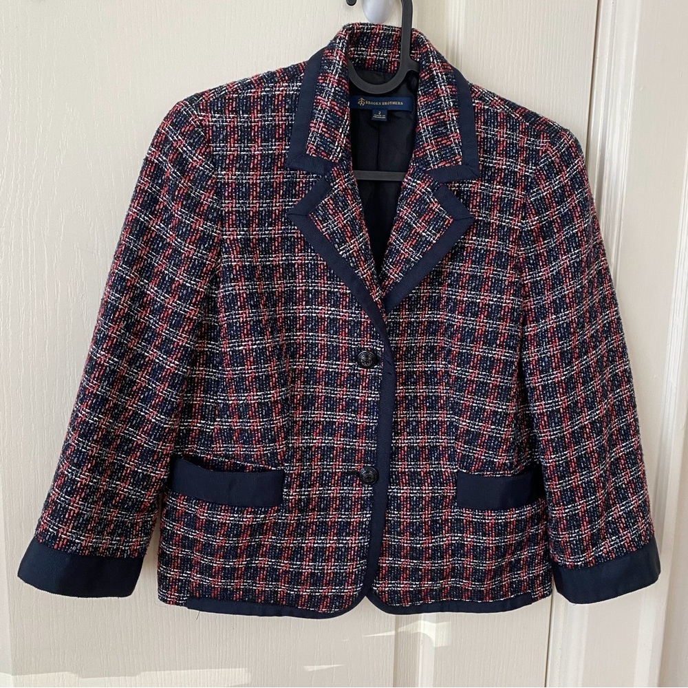 Brooks Brothers Boulce Tweed Plaid Button Down Cropped Jacket Blazer Size 2
